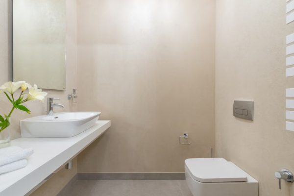 White ceramic toilet placed against wall with mirror and sink near blooming white flowers and towels in light modern bathroom